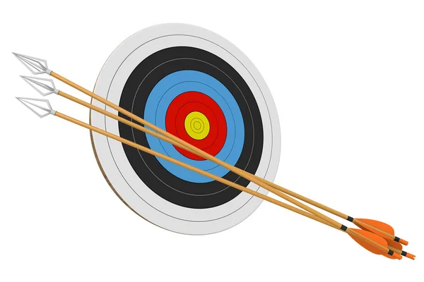 Objetivo de práctica de tiro con arco y un paquete de flechas aisladas sobre un fondo blanco, renderizado en 3D — Foto de Stock