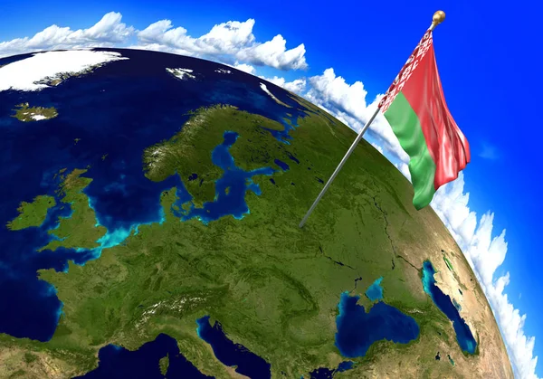 Belarus national flag marking the country location on world map — Stock Photo, Image