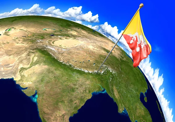 世界地図上の国の場所をマーキング ブータン国旗 — ストック写真