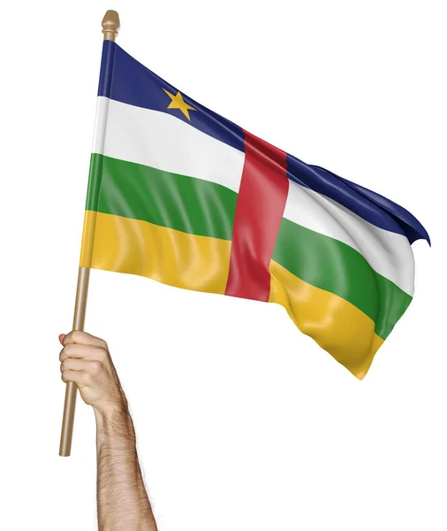 Hand som stolt vajande flagga Centralafrikanska republiken isolerad på en vit bakgrund, 3d-rendering — Stockfoto