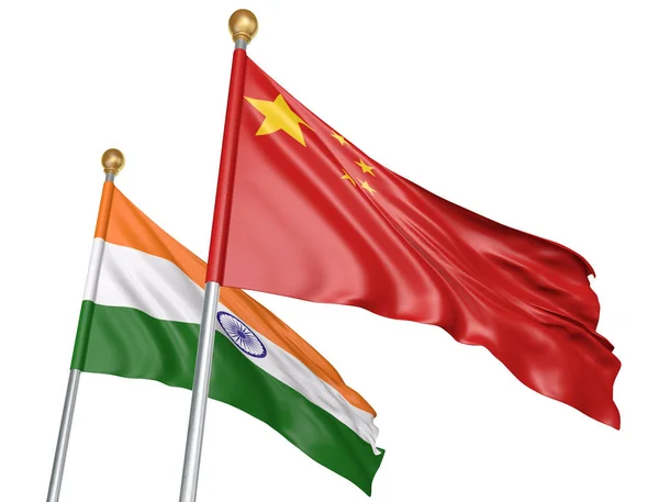 China and India flags flying together for important diplomatic talks, 3D rendering — Stock Photo, Image