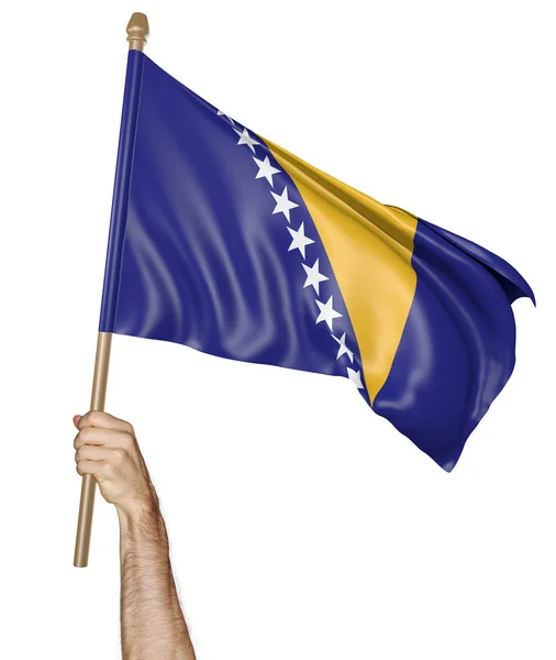 Mano orgullosamente ondeando la bandera nacional de Bosnia y Herzegovina aislada sobre un fondo blanco, representación 3D —  Fotos de Stock
