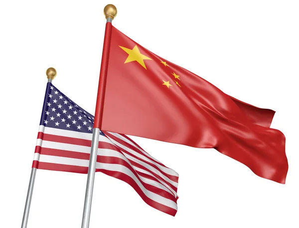 Banderas de China y Estados Unidos ondeando juntas para importantes conversaciones diplomáticas, representación 3D — Foto de Stock