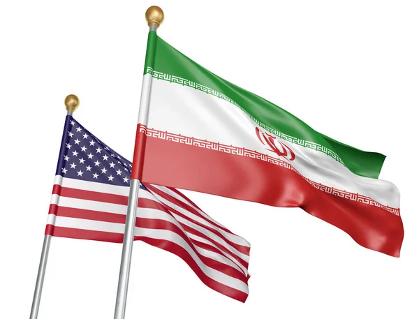 Изолированные флаги Ирана и США, летящие вместе для дипломатических переговоров и торговых отношений, 3D рендеринг — стоковое фото