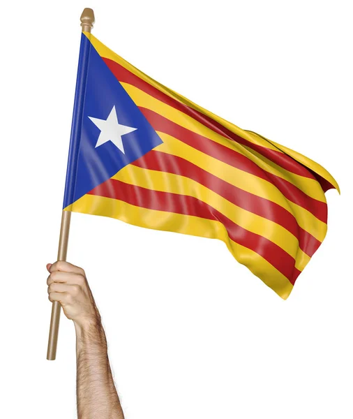 Main agitant fièrement le drapeau d'indépendance de Catalogne isolé sur fond blanc, rendu 3D — Photo