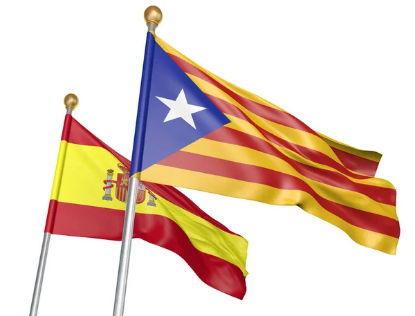 Na białym tle flagi Katalonii i Hiszpanii latający razem dla jedności i rozmowy dyplomatyczne, renderowania 3d — Zdjęcie stockowe