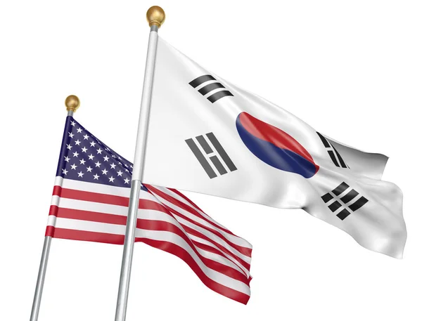 孤立的韩国和美国国旗一起飞行的外交会谈和贸易关系, 3d 渲染 — 图库照片