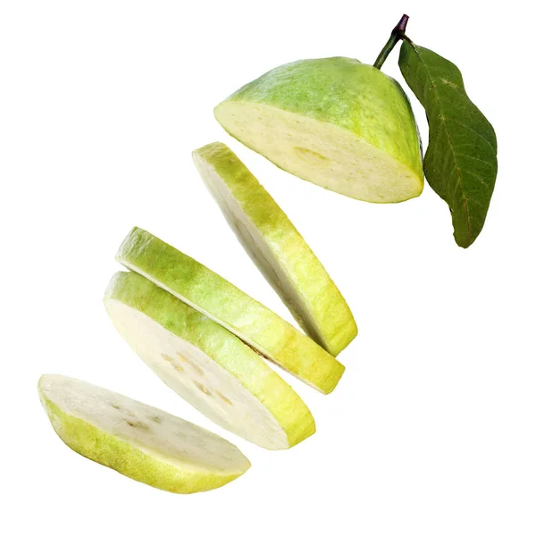 Crispy pearl guava fruit slices falling, isolated on a white background — Stock Photo, Image