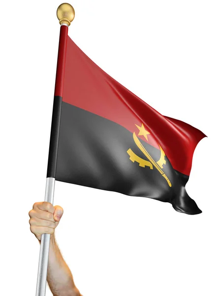 Mano Sosteniendo Bandera Angola Aislada Sobre Fondo Blanco Representación — Foto de Stock