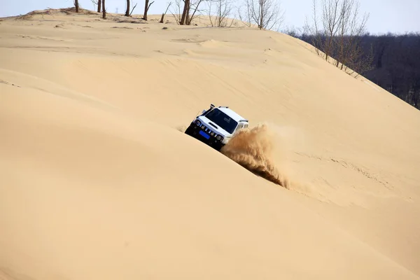 Vehículo todoterreno que viaja por el desierto —  Fotos de Stock