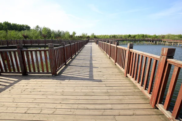 Puente de madera en el río — Foto de Stock