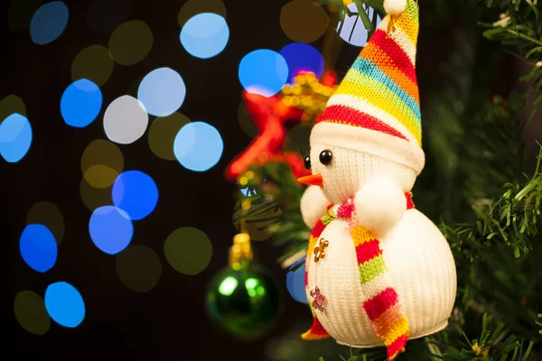 Festive snowman with Christmas light background — Stock Photo, Image