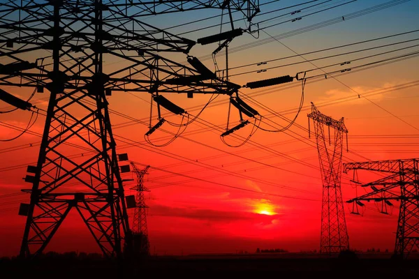 Silhouette Evening Electricity Transmission Pylon — Stock Photo, Image