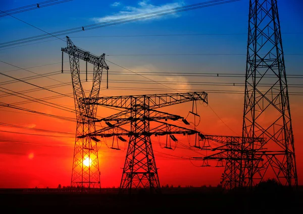 Silhouette Evening Electricity Transmission Pylon — Stock Photo, Image