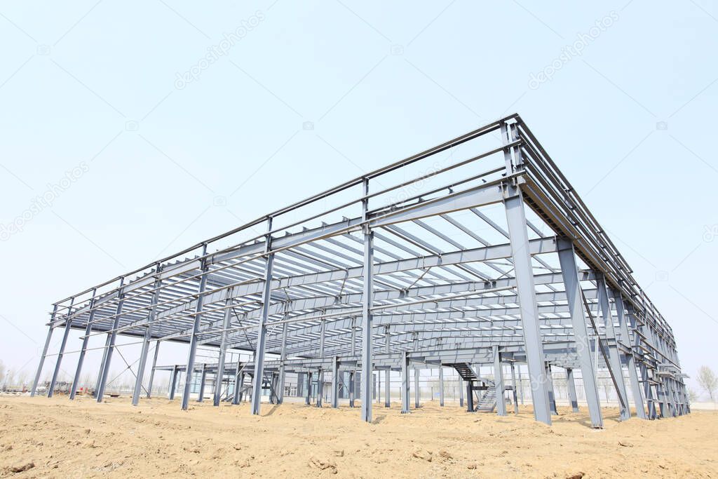 The steel frame structure is on the construction site