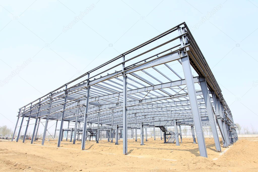 The steel frame structure is on the construction site