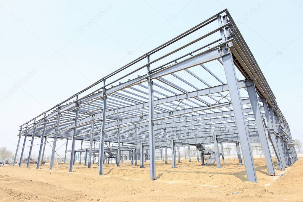 The steel frame structure is on the construction site
