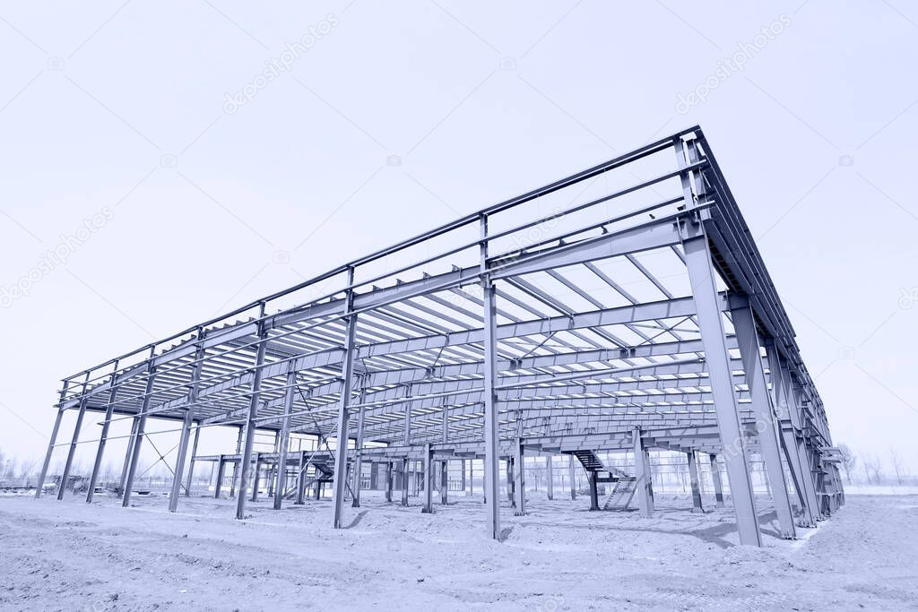 The steel frame structure is on the construction site