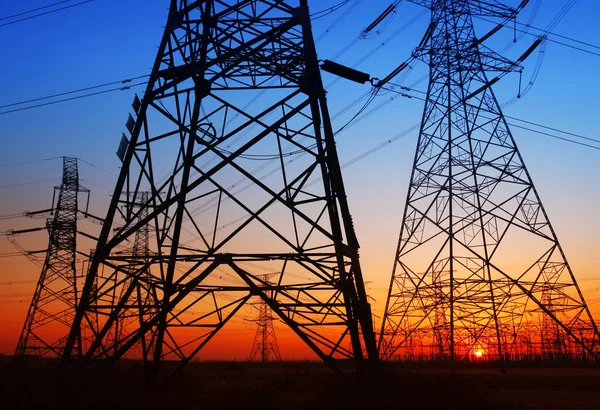 Evening Electricity Pylon Silhouette Very Beautiful — Stock Photo, Image