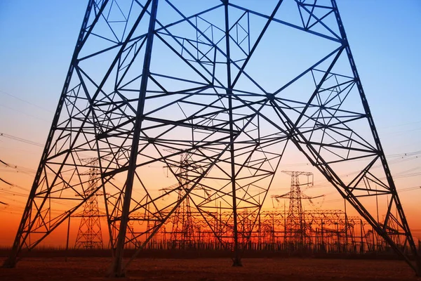 Evening Electricity Pylon Silhouette Very Beautiful — Stock Photo, Image