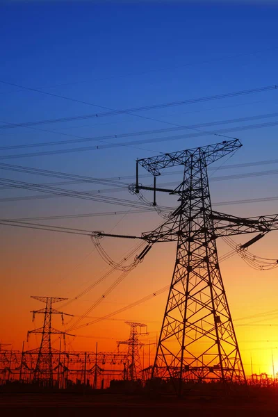 Evening Electricity Pylon Silhouette Very Beautiful — Stock Photo, Image