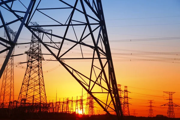 Evening Electricity Pylon Silhouette Very Beautiful — Stock Photo, Image