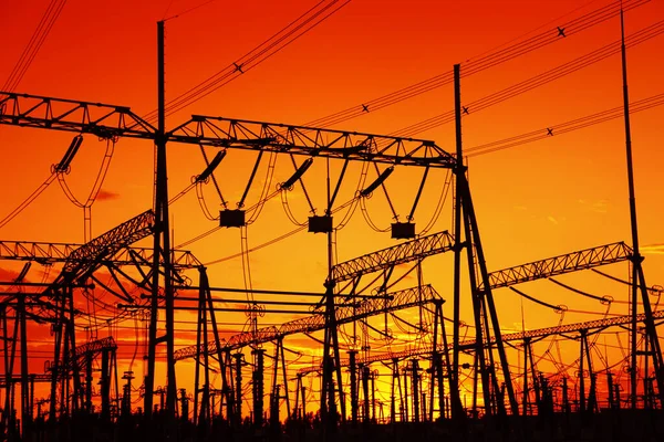 Silhouette Evening High Voltage Substations — Stock Photo, Image
