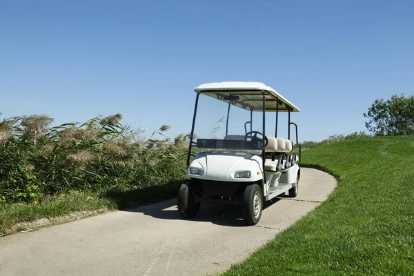 Weiße Golfkarren Auf Dem Grünen Golfplatz — Stockfoto