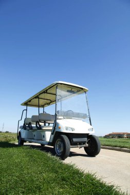 Yeşil golf sahasında beyaz golf arabaları.