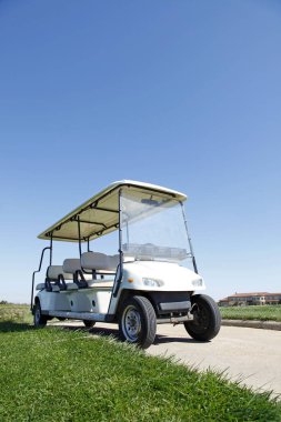 Yeşil golf sahasında beyaz golf arabaları.