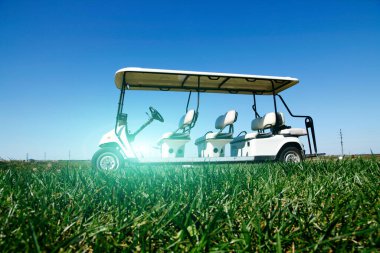 Yeşil golf sahasında beyaz golf arabaları.