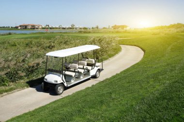 Yeşil golf sahasında beyaz golf arabaları.