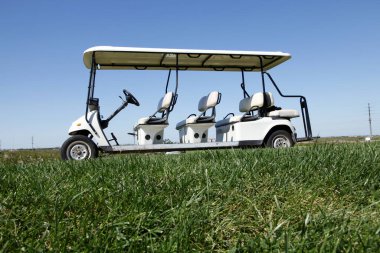 Yeşil golf sahasında beyaz golf arabaları.