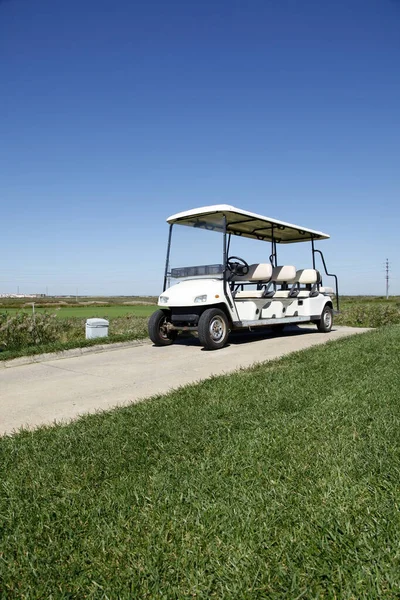 Carrinhos Golfe Branco Campo Golfe Verde — Fotografia de Stock