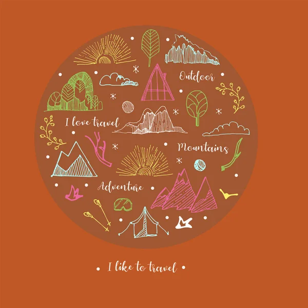Ручной рисунок горы, палатки, деревья, облака. Векторная иллюстрация различных элементов путешествия, выделенных на оранжевом фоне в круге. . — стоковый вектор