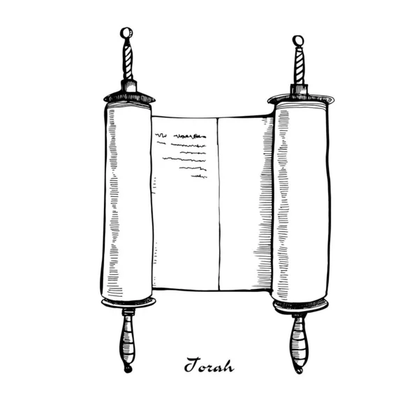 Torah scroll book bible shavuot illustration.Ancient scroll parchment with wooden handles.Hand drawn sketch. — 스톡 벡터