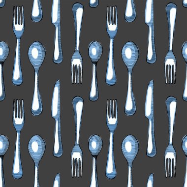 Kaşıklar, bıçak, çatalsız çizimler. Vektör çizimi. Çatal bıçak seti, gri arka planda izole edilmiş..