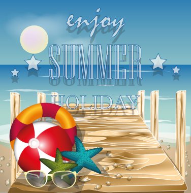 Yaz plaj vektör kavramı sahilde gezinen ve retro otobüs ile