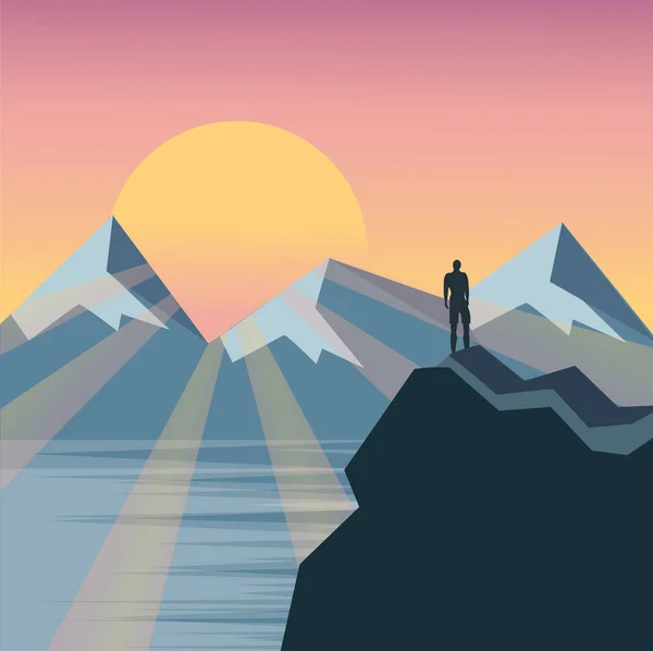 Ο άνθρωπος στην κορυφή του λόφου βλέποντας το υπέροχο τοπίο στα βουνά κατά τη διάρκεια του καλοκαιριού Ανατολή ηλίου — Διανυσματικό Αρχείο