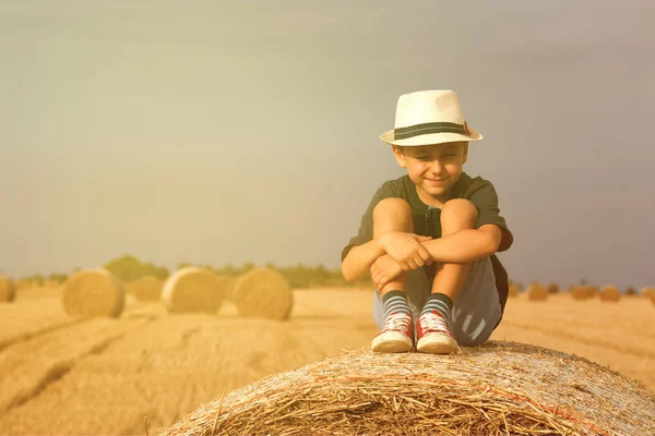 Un niño lindo está sentado en un pajar. Ocio activo al aire libre con los niños en el cálido día de verano. Concepto de verano, unas vacaciones . —  Fotos de Stock