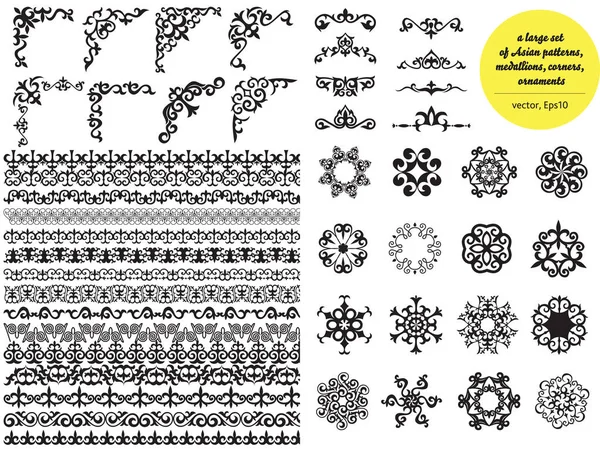 Asian large set of patterns and ornaments. Set of seamless borde — Stock Vector