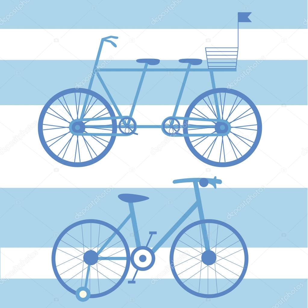 Illustration with child and adult bikes double. Vector picture with bikes in blue.