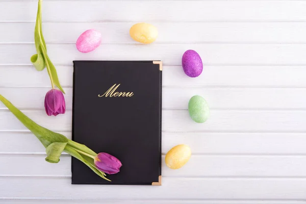 Menu, bloemen en eieren — Stockfoto