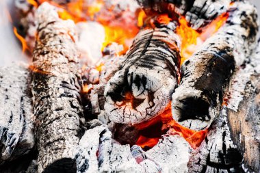 Izgara et için çürüyen kömürler ve alevlerle beyaz tonda pişirilen yemekler.