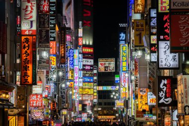 Tokyo, Japonya - 24 Kasım 2019: gece hayatı ve Kabukicho bölgesindeki birçok reklam panosu - Shinjuku adlı en ünlü turist yeri - Tokyo, Japonya.