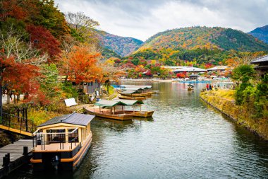 Sonbaharda Arashiyama 'daki Katsura Nehri' nde tekne. Kyoto, Japonya.