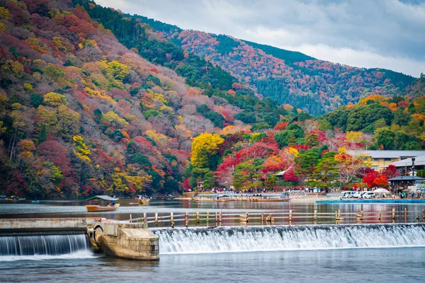 Katsura nehri boyunca sonbaharda Arashiyama orman manzarası. Kyoto, Japonya.