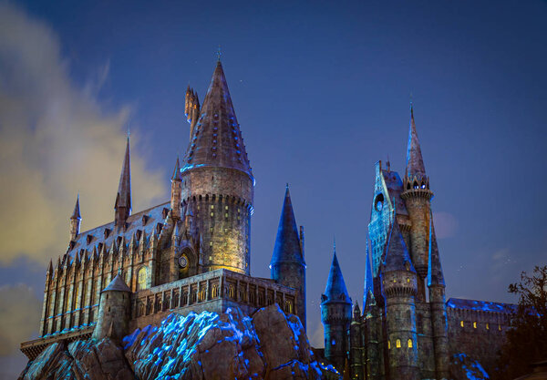 Hogswarts Castle in the night with stars and light at Universal Studios in Osaka, Japan. Stock Image