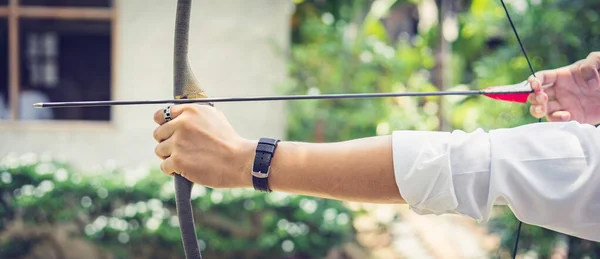 Archer Holds Aiming His Bow Target Selective Focused — Stock Photo, Image