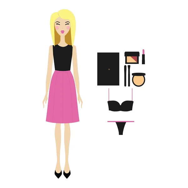 Meisje in jurk. vrijetijdskleding. rok. schoenen. een tas. blouse. cosmeti — Stockvector